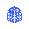 Icon: Blue outlined container cube inside a white circle